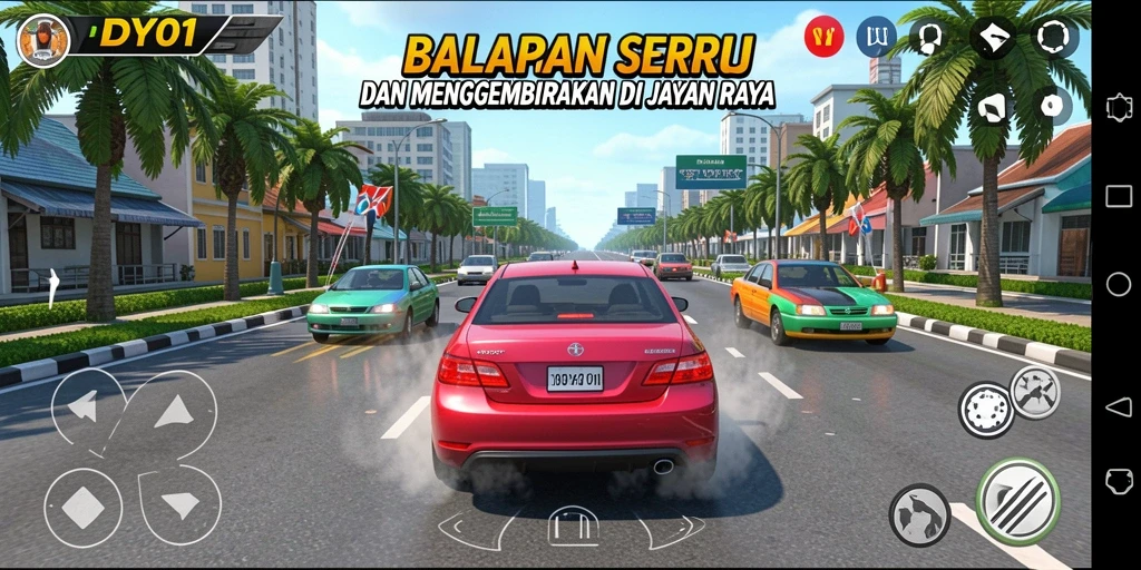 Screenshot utama DY01 menampilkan gameplay balapan yang seru dan mendebarkan.
