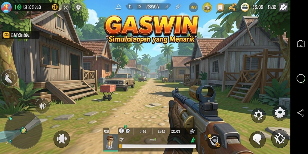 Tampilan gameplay GASWIN menunjukkan kehidupan virtual yang penuh warna dan interaksi.