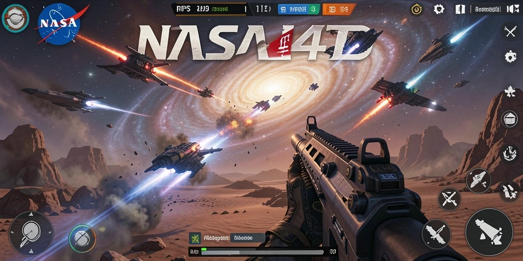 Tampilan aksi seru dalam permainan TPS NASA4D dengan pertempuran luar angkasa.