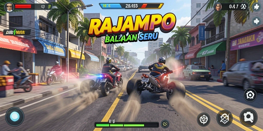 Tampilan gameplay menarik di RAJAMPO dengan balapan seru.