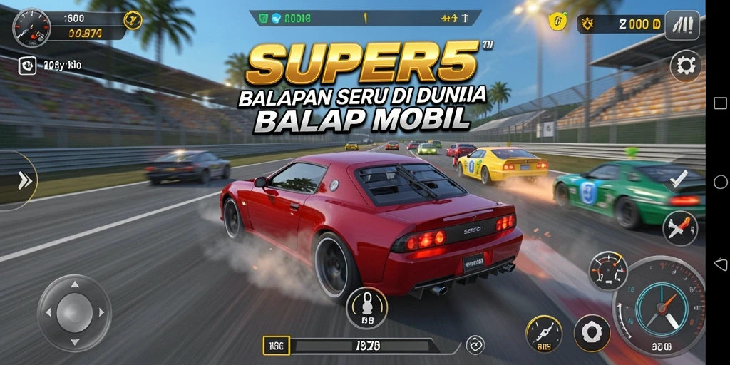 Screenshot menunjukkan tampilan mendebarkan balapan mobil di SUPER5.